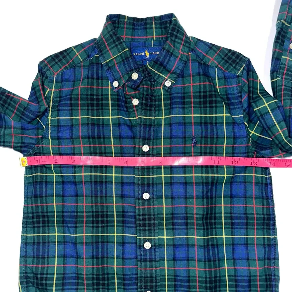 Ralph Lauren Boys Green Blue Check Button Down Long Sleeve Cotton Shirt Size 5